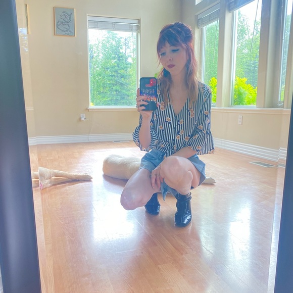 Stripe Floral Button Up Blouse - Picture 3 of 5